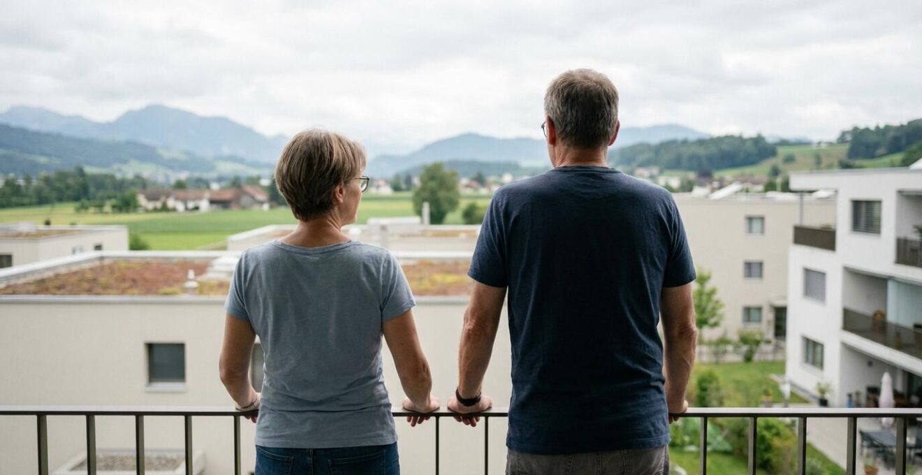Schweizer Ehepaar betrachtet nachdenklich Aussicht vom Wohnungsbalkon bei Immobilienbewertung