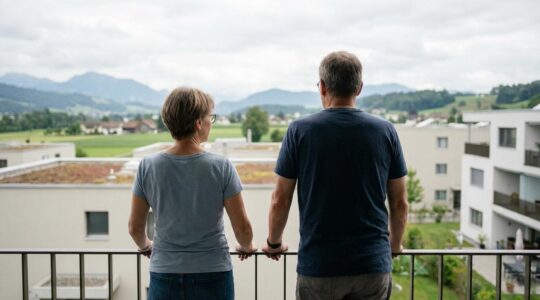 Schweizer Ehepaar betrachtet nachdenklich Aussicht vom Wohnungsbalkon bei Immobilienbewertung