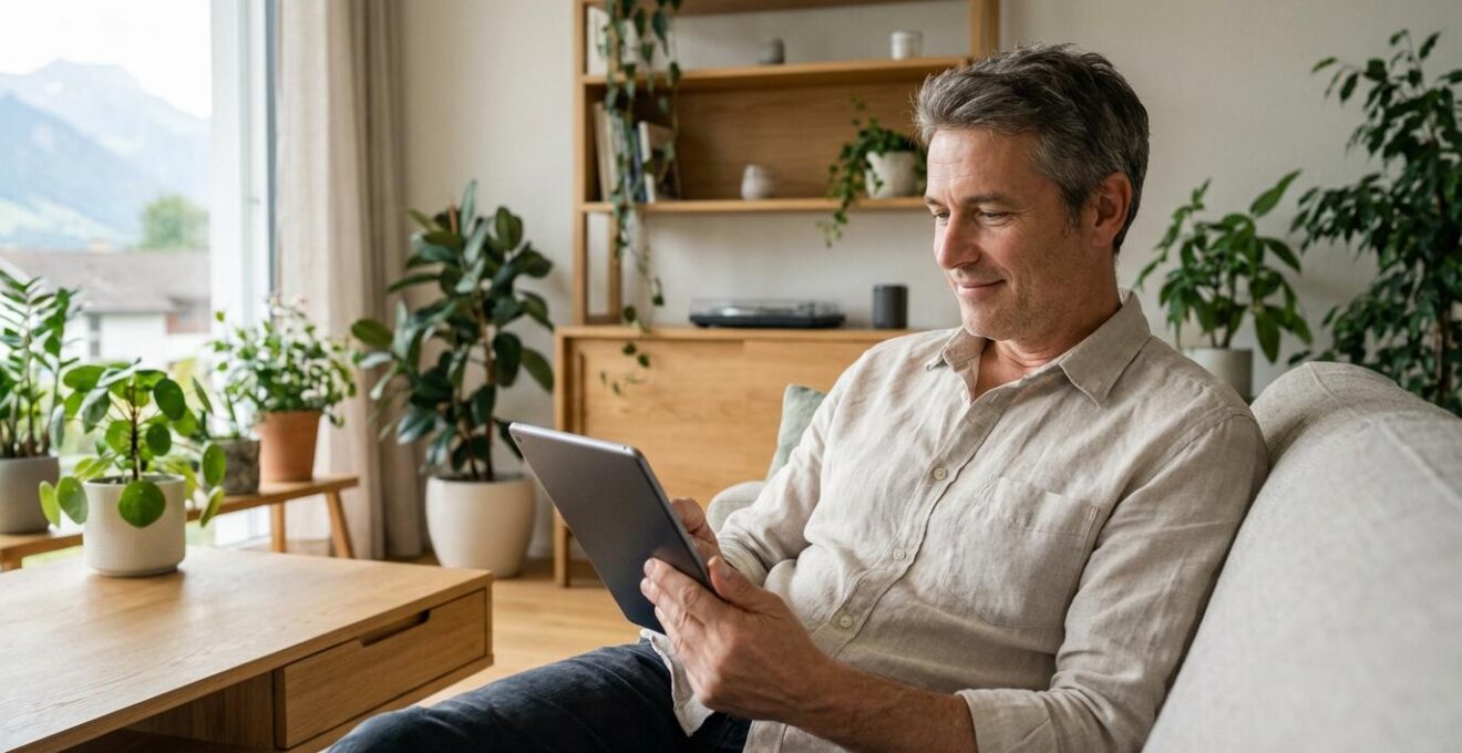 Person nutzt Tablet für kostenlose Immobilienbewertung im Schweizer Wohnzimmer